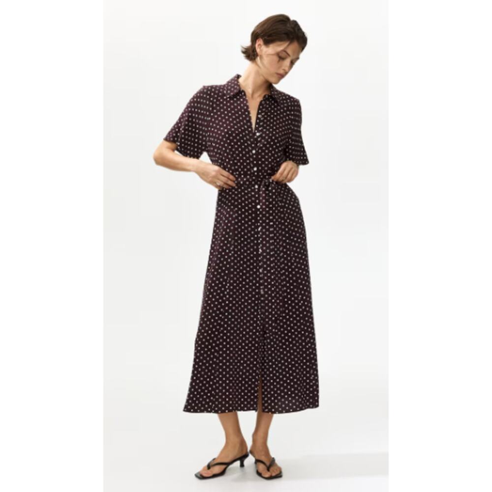 H&M Polka Dot Short Sleeve Button Front Shirt Dress Tie Belt in Brown M NWOT